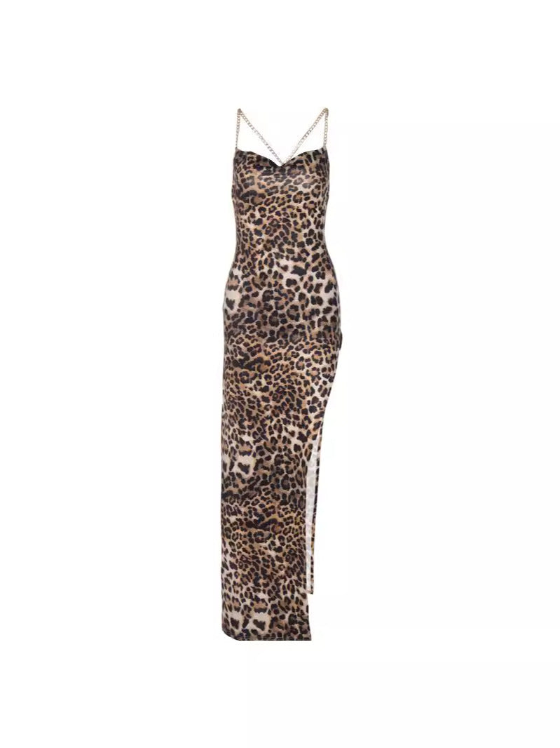 Women's Leopard Print Backless Chain Strap Dress